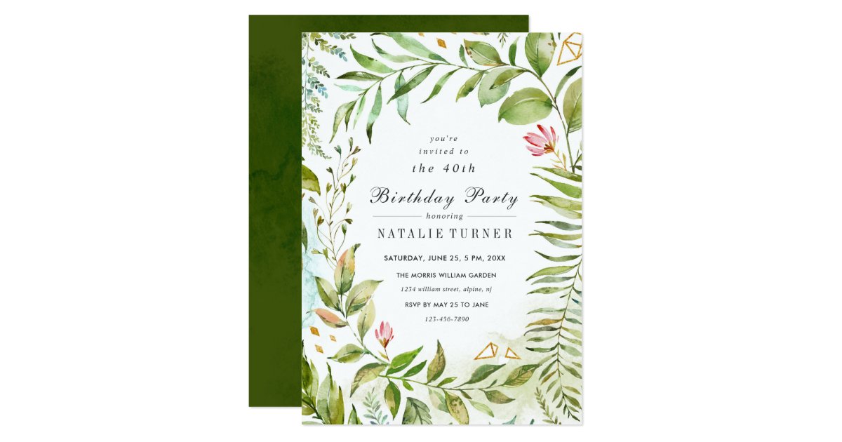 Floral Green Foliage Birthday Party Invitation | Zazzle.com