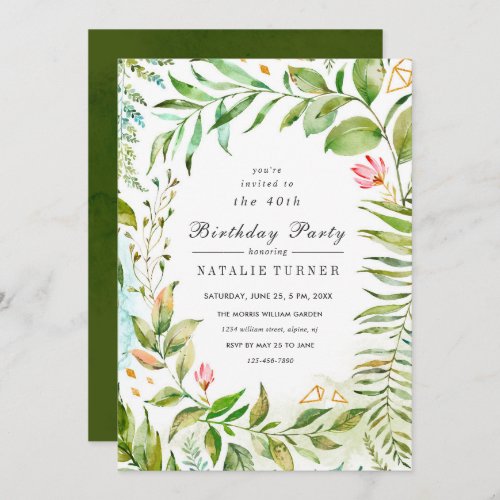 Floral Green Foliage Birthday Party Invitation