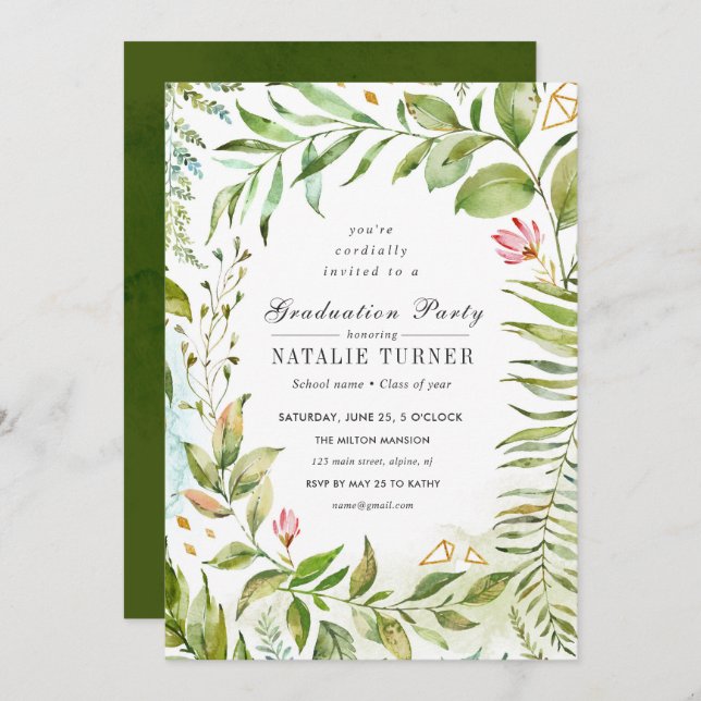 Floral Green Foliage Graduation Party Invitation (Front/Back)