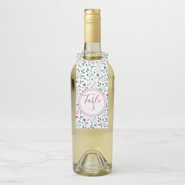 Floral & Green Foliage Pattern | Table Number Bottle Hanger Tag (On Bottle)