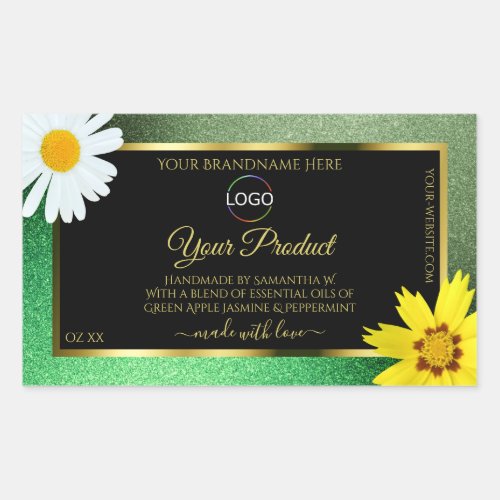 Floral Green Glitter Black Gold Product Label Logo