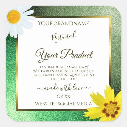 Floral Green Glitter White and Gold Product Labels