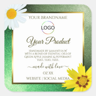 Floral Green Glitter White Gold Product Label Logo