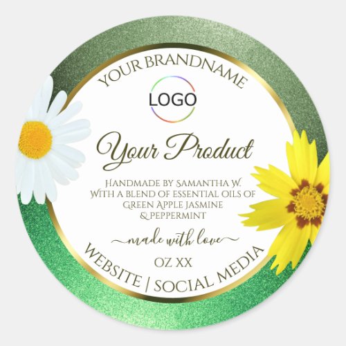 Floral Green Glitter White Gold Product Label Logo