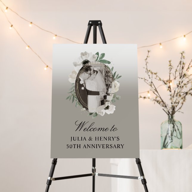 Floral Green & Gold 50th Anniversary Welcome Sign (In Situ (Stand))