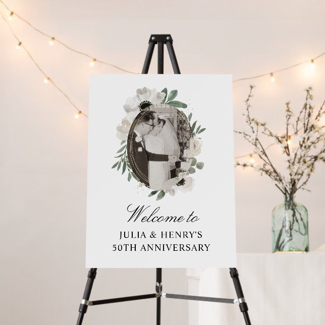 Floral Green & Gold 50th Anniversary Welcome Sign (In Situ (Stand))