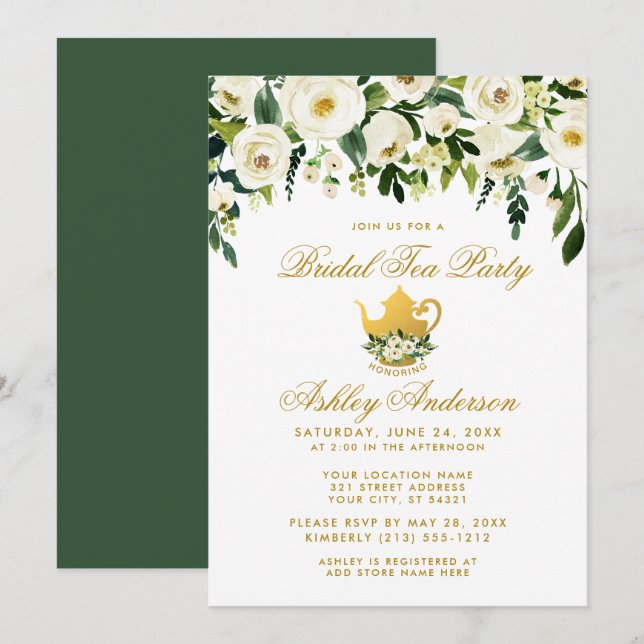 Floral Green Gold Bridal Tea Party Invitation G (Front/Back)