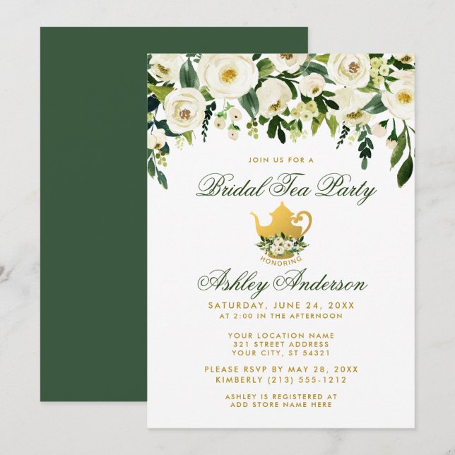 Floral Green Gold Bridal Tea Party Invitation GS (Front/Back)