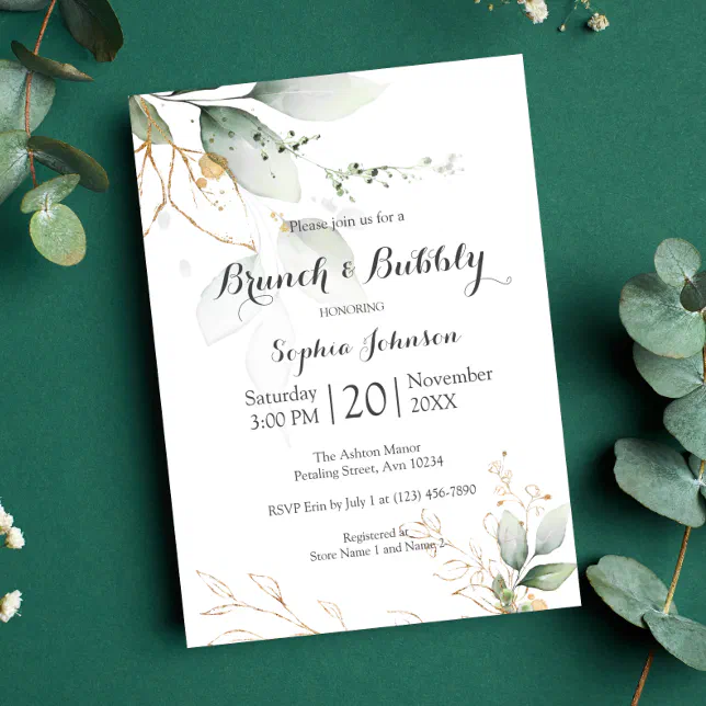 Floral Green Gold Brunch & Bubbly Bridal Shower Invitation | Zazzle