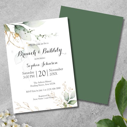 Floral Green Gold Brunch  Bubbly Bridal Shower Invitation