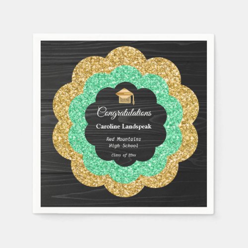 Floral Green  Gold Glitter Graduation Party Napkins