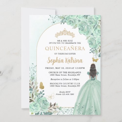 Floral Green Gold Princess Birthday Quinceanera Invitation
