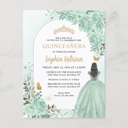 Floral Green Gold Princess Birthday Quinceanera Invitation Postcard