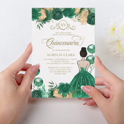 Floral Green Gold Princess XV Quinceaera Birthday Invitation