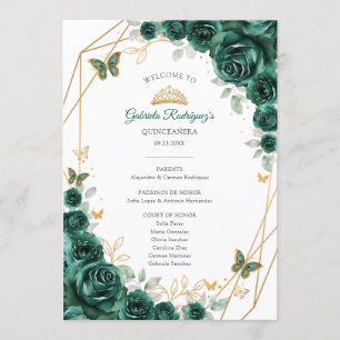 Floral Green Gold Quinceanera Order of Events Program