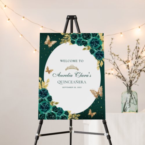 Floral Green Gold Tiara Butterfly Quinceaera Foam Board