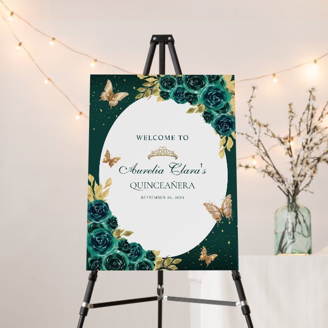 Floral Green Gold Tiara Butterfly Quinceañera Foam Board (In Situ (Stand))
