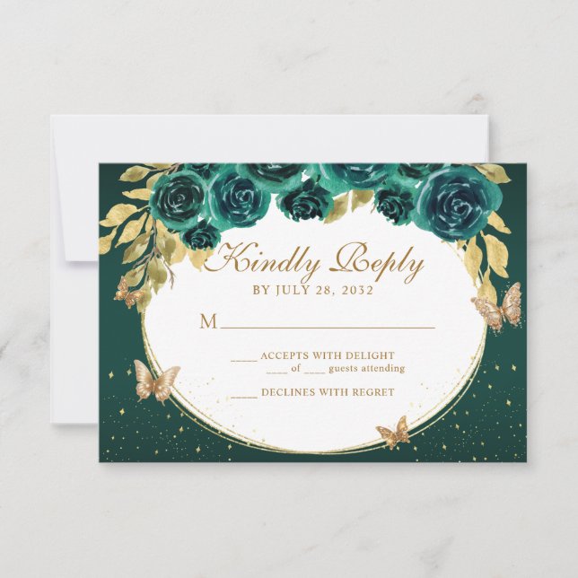 Floral Green Gold Tiara Butterfly Quinceañera RSVP Card (Front)