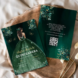 Floral Green Gown Dress QR Code Quinceanera Invitation