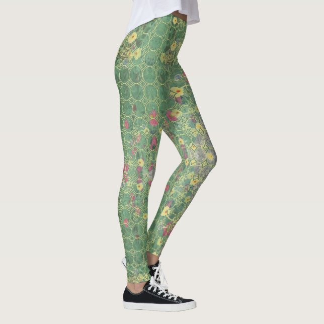 Floral Green Grey Tile  Leggings (Right)
