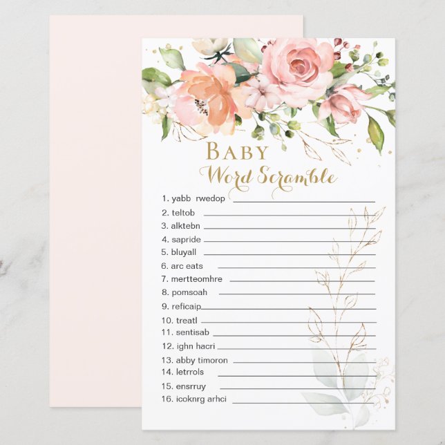 Floral Green Leaves Baby Word Scramble Paper Sheet (Front/Back)