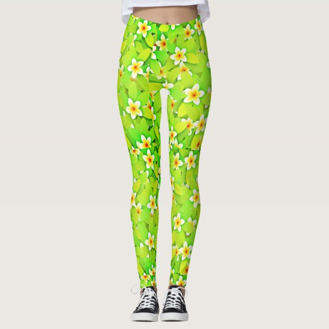 Floral Green Leaves Yellow Flowers Pattern-61717 Leggings (Front)