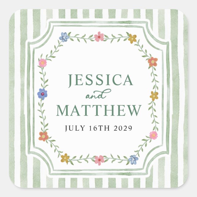 Floral Green Lines Square Sticker (Front)
