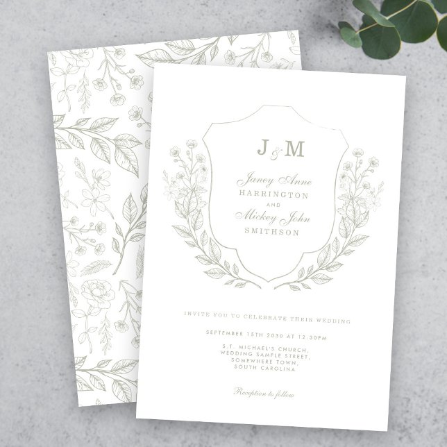 Floral Green Monogram Crest Wedding Invitation (Creator Uploaded)
