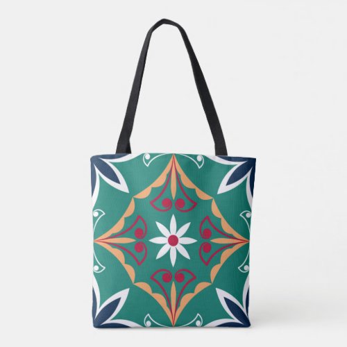 Floral Green Moroccan Mosaic Tile Boho Chic Tote Bag