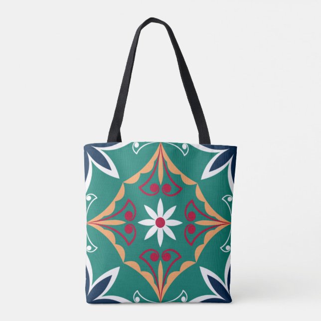 Floral Green Moroccan Mosaic Tile Boho Chic Tote Bag (Back)