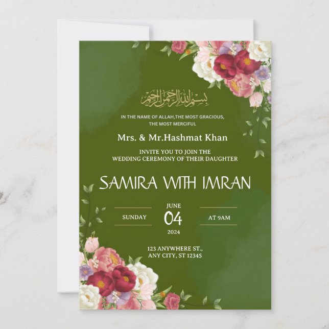 Floral Green Muslim Wedding Invitation (Front)