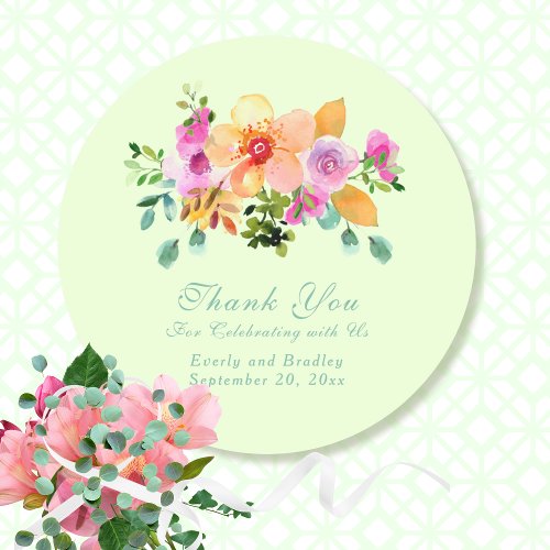Floral Green Peach Romantic Wedding Thank You Classic Round Sticker