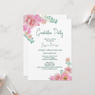 Floral Green & Pink Delicate Watercolor graduation Invitation