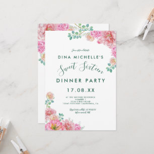 Floral Green & Pink Delicate Watercolor Sweet 16 Invitation