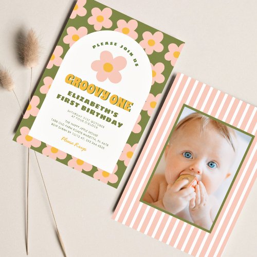 Floral Green pink Groovy One Baby First Birthday  Invitation
