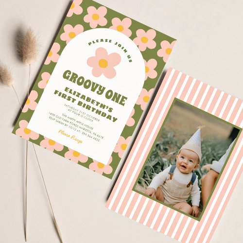 Floral Green pink Groovy One Baby First Birthday Invitation