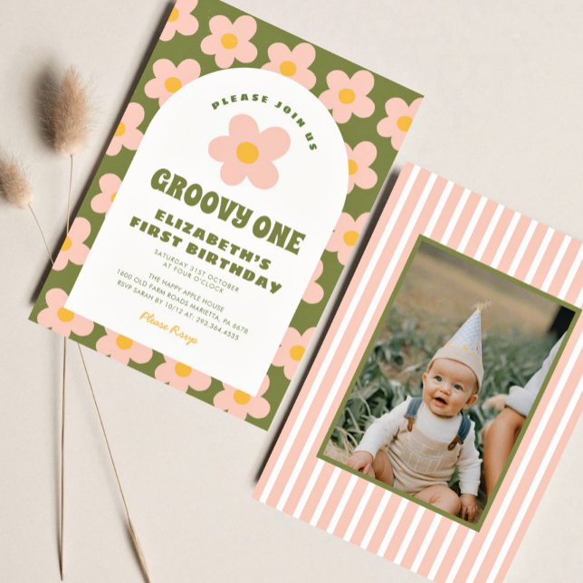Floral Green pink Groovy One Baby First Birthday Invitation (Creator Uploaded)