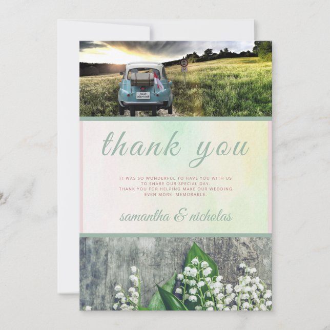 Floral Green Pink Modern Just Married Wedding Thank You Card (Front)