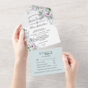 Floral Green Pink Watercolor Wedding All In One Invitation
