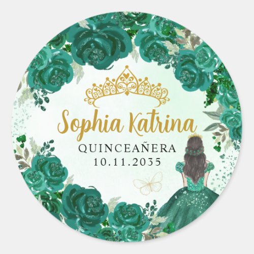 Floral Green Princess Quinceanera Birthday Favor Classic Round Sticker