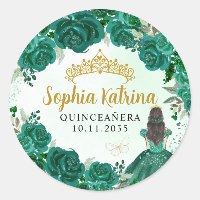 Floral Green Princess Quinceanera Birthday Favor Classic Round Sticker (Front)