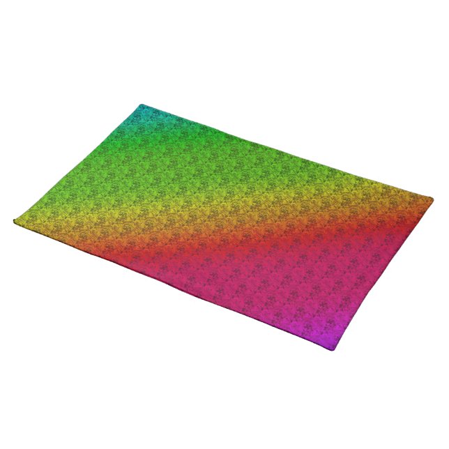 Floral Green Red Rainbow Gradient Diagonal Blend Cloth Placemat (On Table)