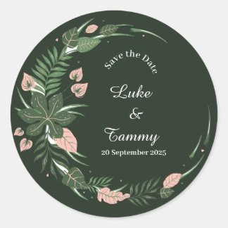 floral green round save the date wedding sticker