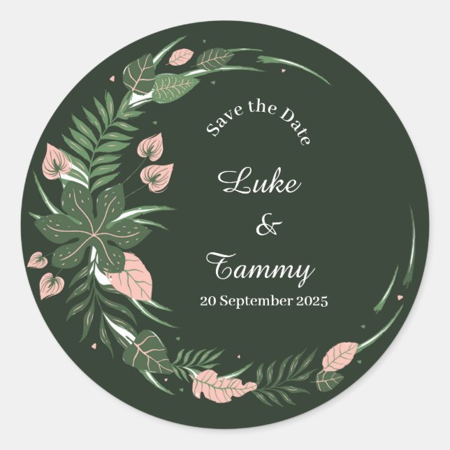 floral green round save the date wedding sticker (Front)