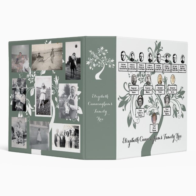 Floral Green Silhouette Family Tree Photos  3 Ring Binder (Background)