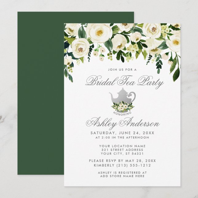 Floral Green Silver Bridal Tea Party Invitation G (Front/Back)