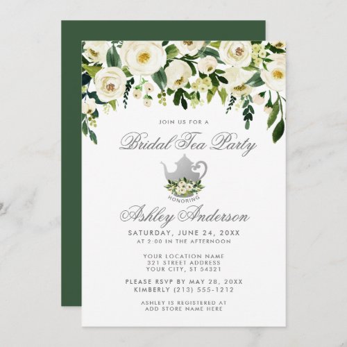 Floral Green Silver Bridal Tea Party Invitation G