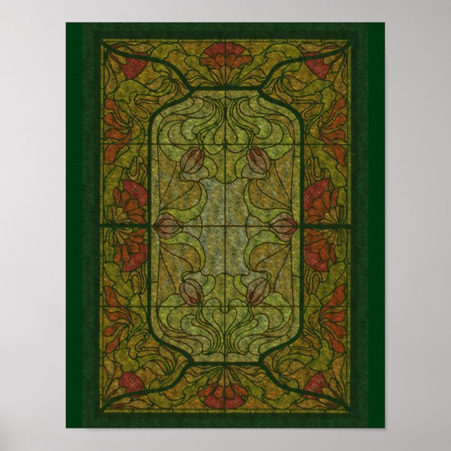 Floral Green Stained Glass Art  Poster (Front)