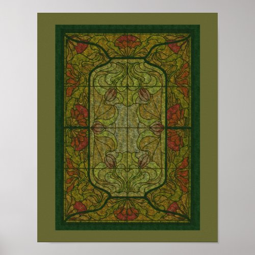 Floral Green Stained Glass Design  Art Poster