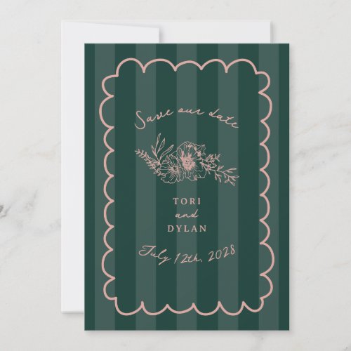 Floral Green Stripe Botanical Save The Date